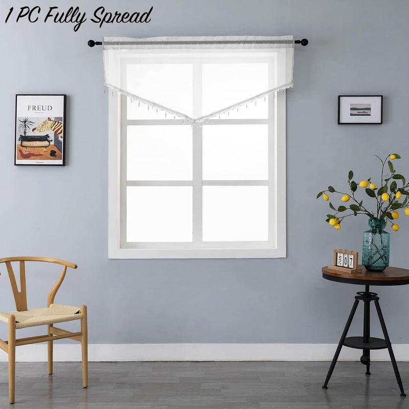 PearAge Beaded Triangle Sheer Valance Curtains for Living Room,Rod Pocket Farmhouse Window Valance, Bead Trim Tassel Voile Sheer Curtain Valance for Bedroom Bathroom Cafe 51x24 Inches (Ivory) 1PC - Image 3